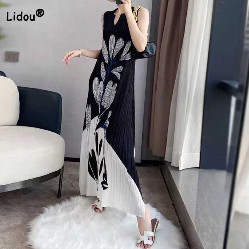 Elegant Fashion Womens Printed Folds Dresses Summer Female Clothing Loose Spliced Vintage Temperament Sleeveless Long Dress 240615