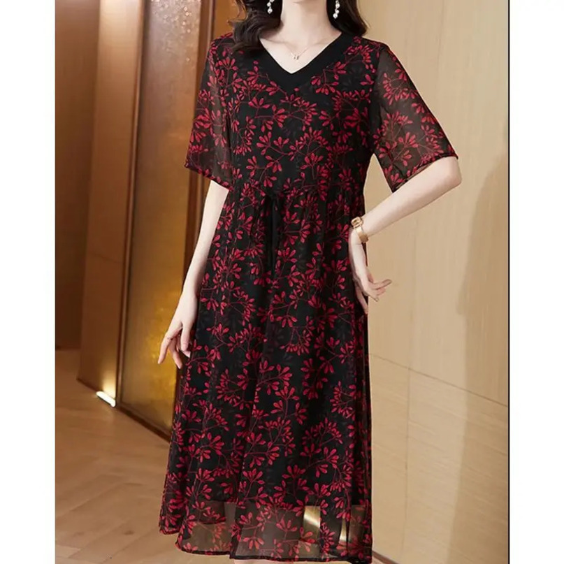 Summer Womens Simplicity VNeck Spliced Drawstring Elegant Fashion Slim Short Sleeve Printed Chiffon Dress 240615