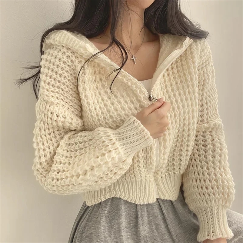 Korean Chic Short Hooded Cardigans Women Autumn Winter Hollow Out Zipper Knitted Sweater Coat Casual Loose Knitwear Tops 240703