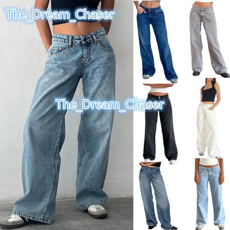 Autumn New Womens Casual Jeans American Retro Low Waist NonElastic Washed Straight Solid Color Street Wide Leg Denim Pants