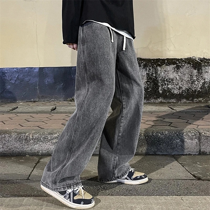 Korean Fashion Mens Baggy Jeans Elastic Waist Classic olid Color Straight-leg Denim Wide-leg Pants Male Light Blue Grey Black 240318