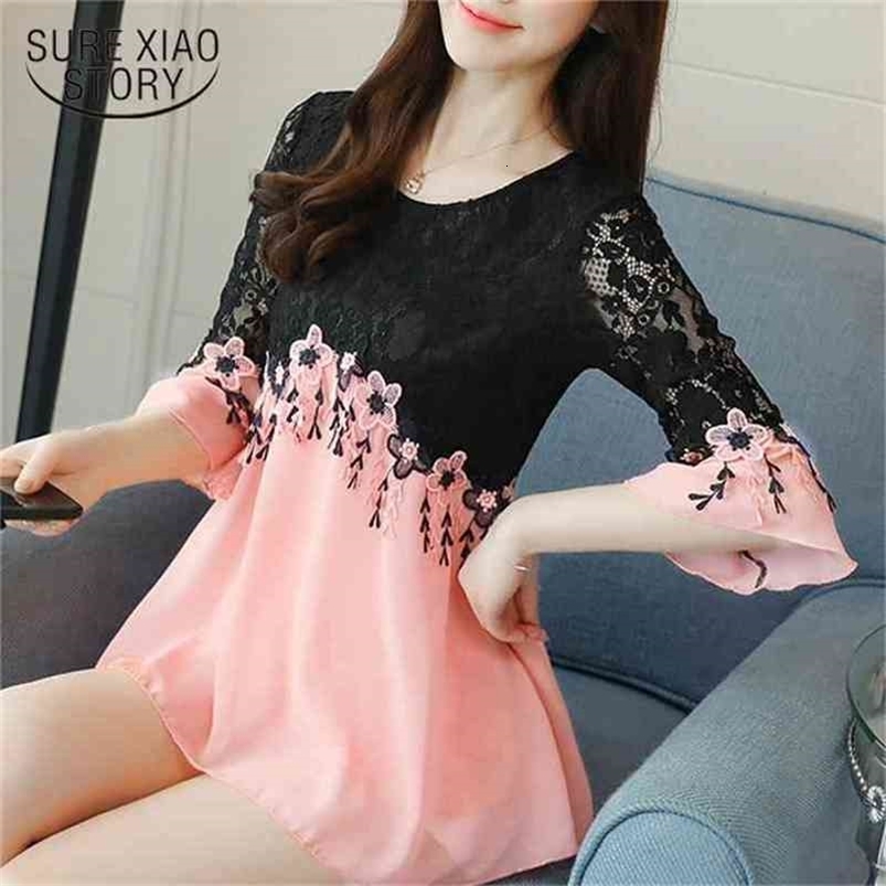 spring fashion long sleeved blouses lace patchwork women tops shirts chiffon plus size clothing D583 30 210506