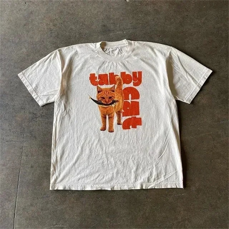 Y2k Mens Shirt Summer Harajuku Street Apparel Orange Cat Print Classic Short Sleeve Slim Fit Top Womens T-shirt 240529