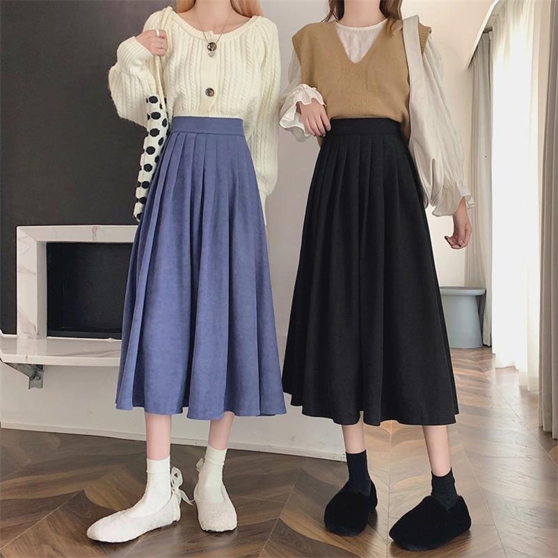 Casual Dresses Xpqbb Korean Style Women's Midi Skirt Autumn High-Waisted Corduroy Long Skirt Women College Style Pleated A-Line Skirts 230222