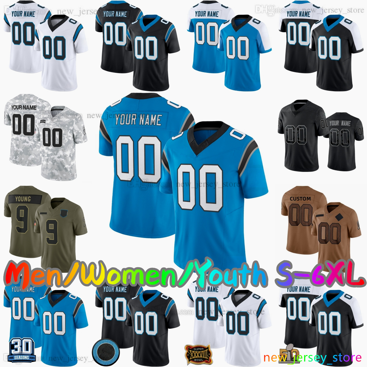 2025 Custom S-6xl Diy 4 Tetairoa McMillan Football Jersey 9 Bryce Young 8 Jaycee Horn 17 Xavier Legette 30 Chuba Hubbard 13 Hunter Renfrow 5 Rico