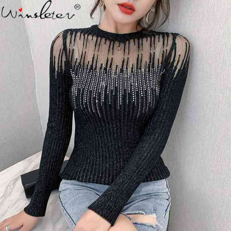 Autumn Winter Korean Clothes Knit T-shirt Sexy Diamonds Transparent Women Tops Ropa Mujer Shirt Long Sleeve Elastic Tees T08415L 210322