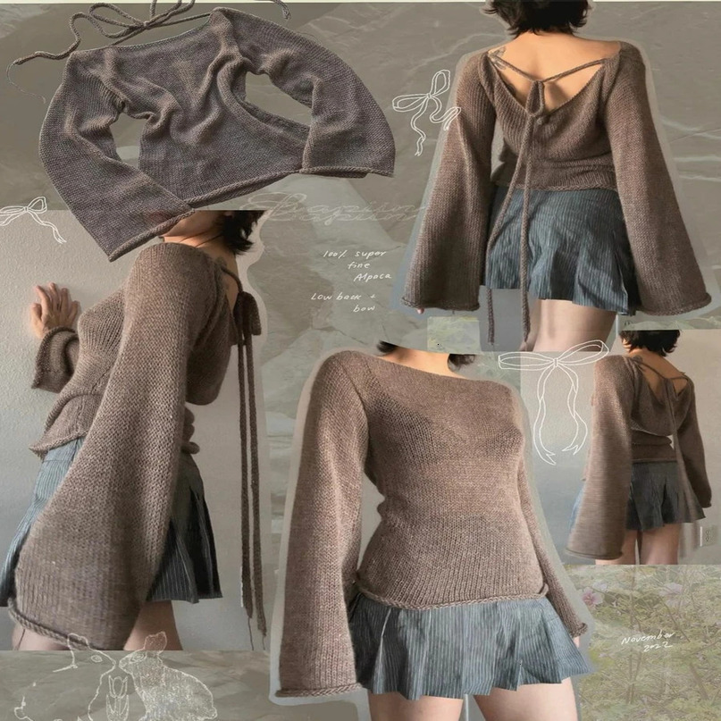Combhasaki Womens Y2K Vintage Retro Tie Back Sweaters Flare Long Sleeve Boat Neck Solid Color Knit Backless Pullover Casual Tops 240617