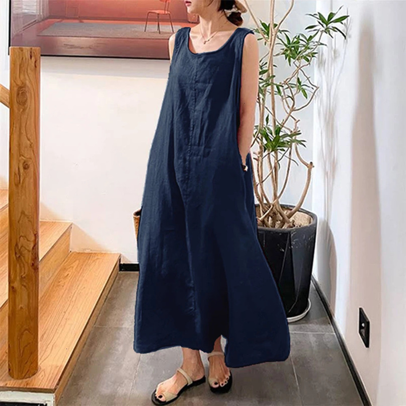 Cotton Linen Pullover Long Dress for Women Summer Pure Color Casual Sleeveless Shirt Female Clothing Y2K Vestid Robe 240415