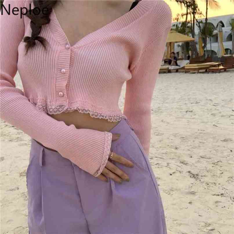 Neploe Lace Patchwork Knitted T Shirts Women Sexy V Neck Long Sleeve Female Tops Summer Fashion Slim Fit Ladies Tees 1C870 210322