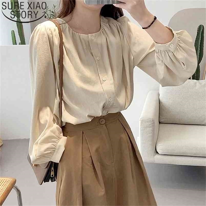 Autumn Pleated Lantern Sleeve Ladies Top Spring Simple Blouse Cotton Elegant Solid Round Neck Apricot Blouses Blusas Mujer 12325 210506
