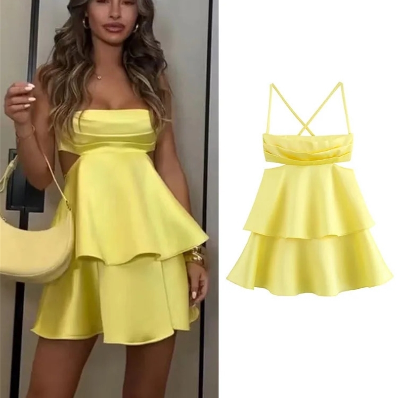 TRAF Summer Sexy Women Solid Hollow Out Dress Backless Sleeveless Female Mini Sling Dresses Fashion Party Robes Dress 240822