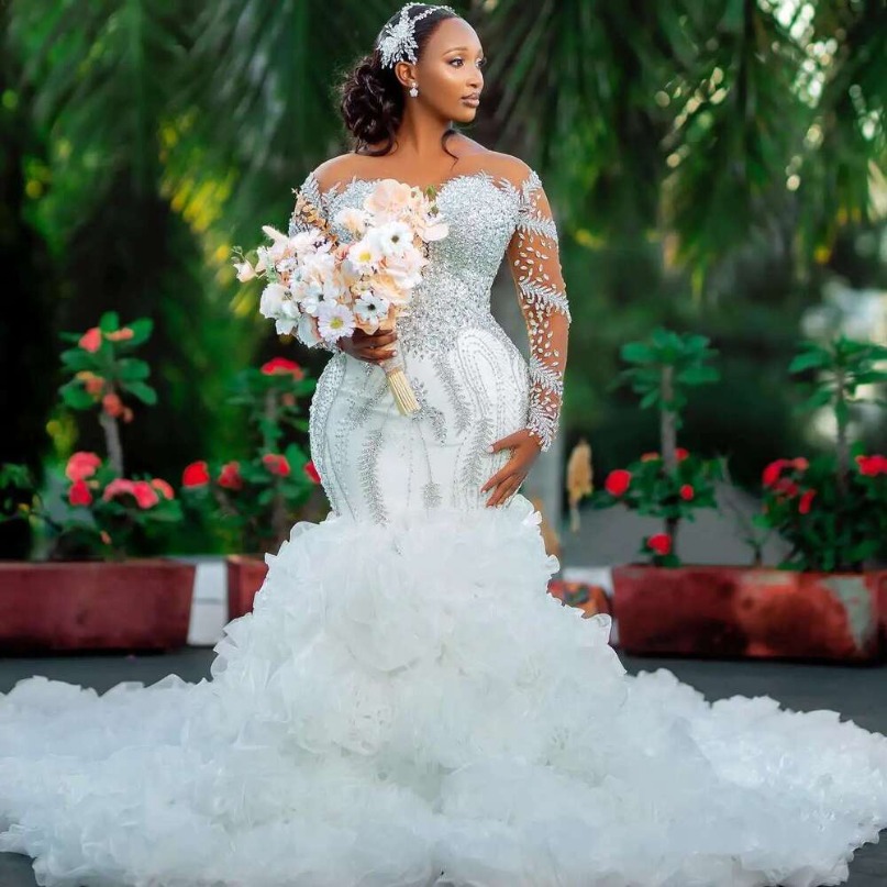 Customized Sparkle Crystals Rhinestons Garden Mermaid Wedding Dress African Long Sleeves Multi-Layered Ruffles Bridal Gowns Plus Size Luxury BC20941