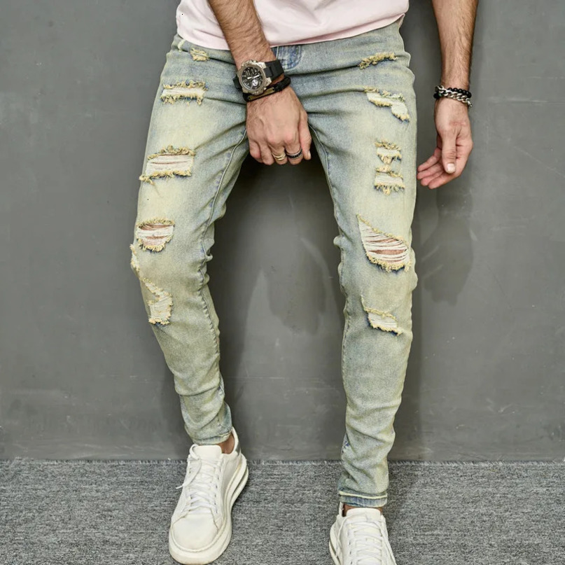 Spring Men Vintage Ripped Skinny Pencil Jeans Pants Hip Hop Stylish Holes Male High Street Slim Casual Denim Trousers 240423
