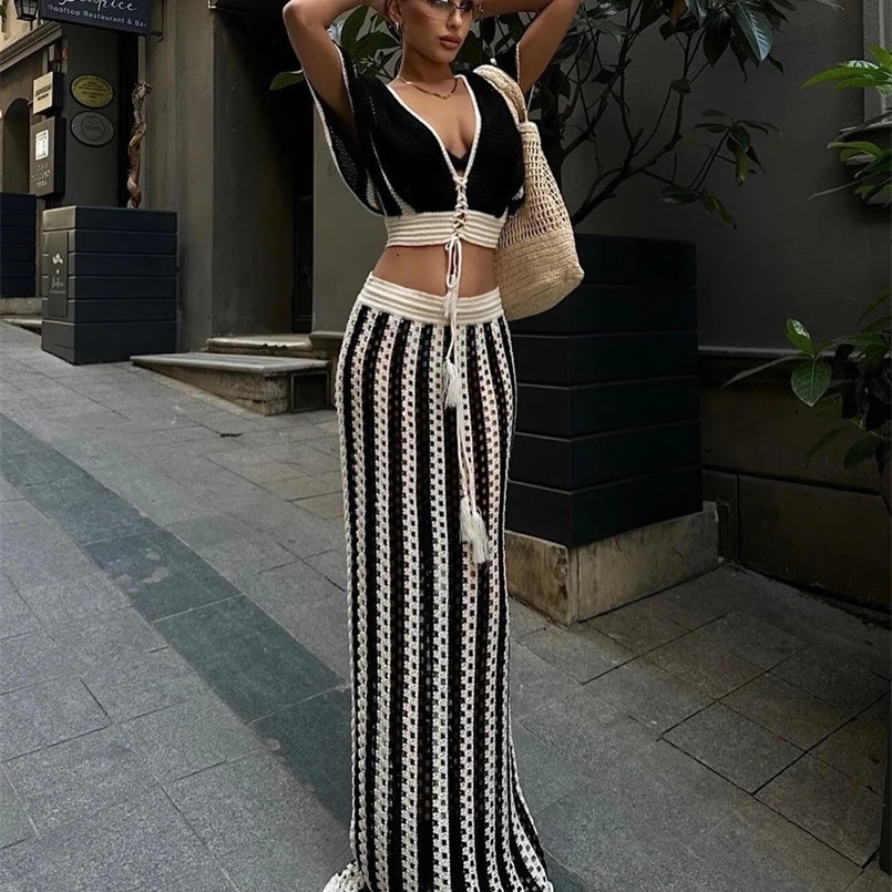 Summer Vacation Outfits Striped Knitted Dress Sets Hollow Out Long Skirts With V-Neck Short Sleeve Crop Tops for Women 240829