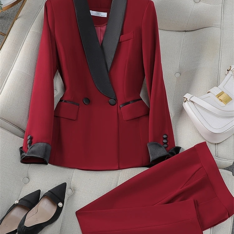 Elegant Red Black Women Pant Suit Office Ladies Female Business Work Wear 2 Piece Set Formal Blazer Jacket And Trouser 241007