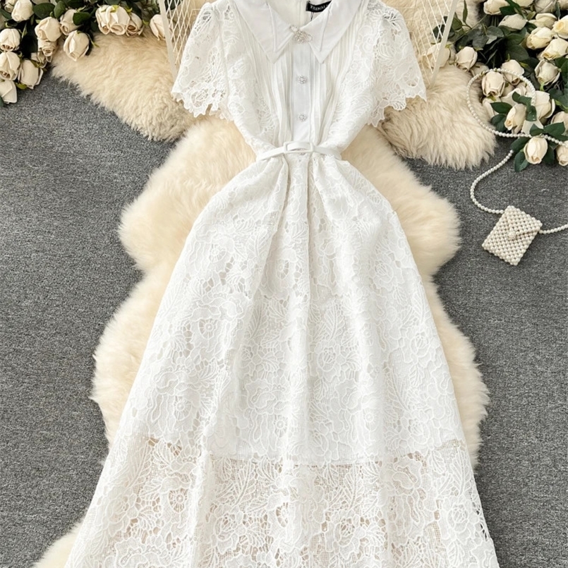 FTLZZ Summer Office Lady Lapel Button Midi Dress Elegant Women Lace Embroidery Patchwork Dress with Belt 240722