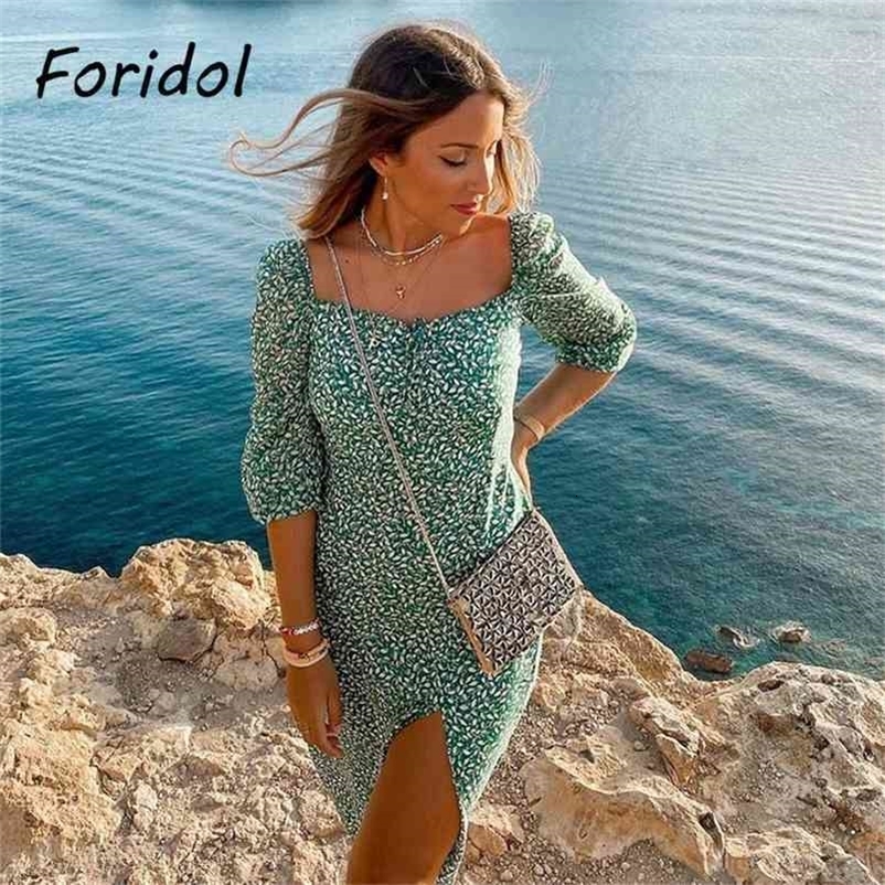 Spring Vintage Long Sleeve Green Floral Dress Women Autumn Winter Slit Long Maxi Dress Leaf Print Boho Dress Vestidos 210329