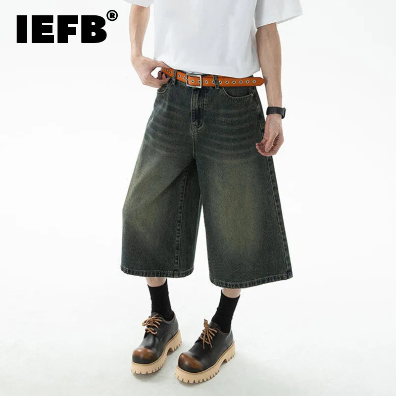 IEFB Mens Denim Shorts American Hign Street Style Cat Whisker Casual Solid Color Washed Male Bottoms 2025 9W1657 250922