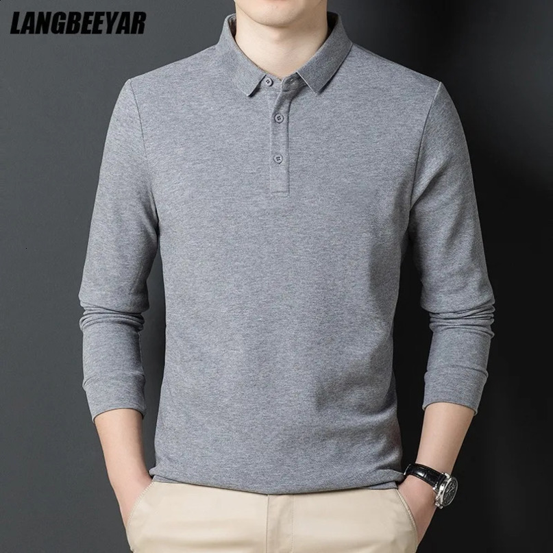 Top Grade Fashion ner y Men Polo Shirt 100% Cotton Casual Long Sleeve Tops Solid Color Clothes 241122