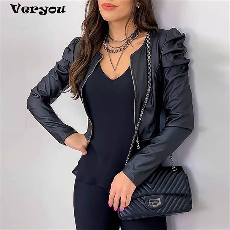 Womens Zipper Leather Jacket Autumn Puff Sleeve Black Jacket Elegant Slimming Jacket Womens Black Jack jacket 240824
