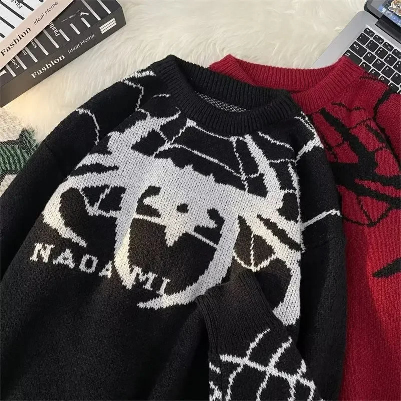 Trendy American Style Dull Black Vintage Flocking Spider Pattern Sweater Pullover Casual Loose-fit Sleeve Knitted Top Men Women 240829