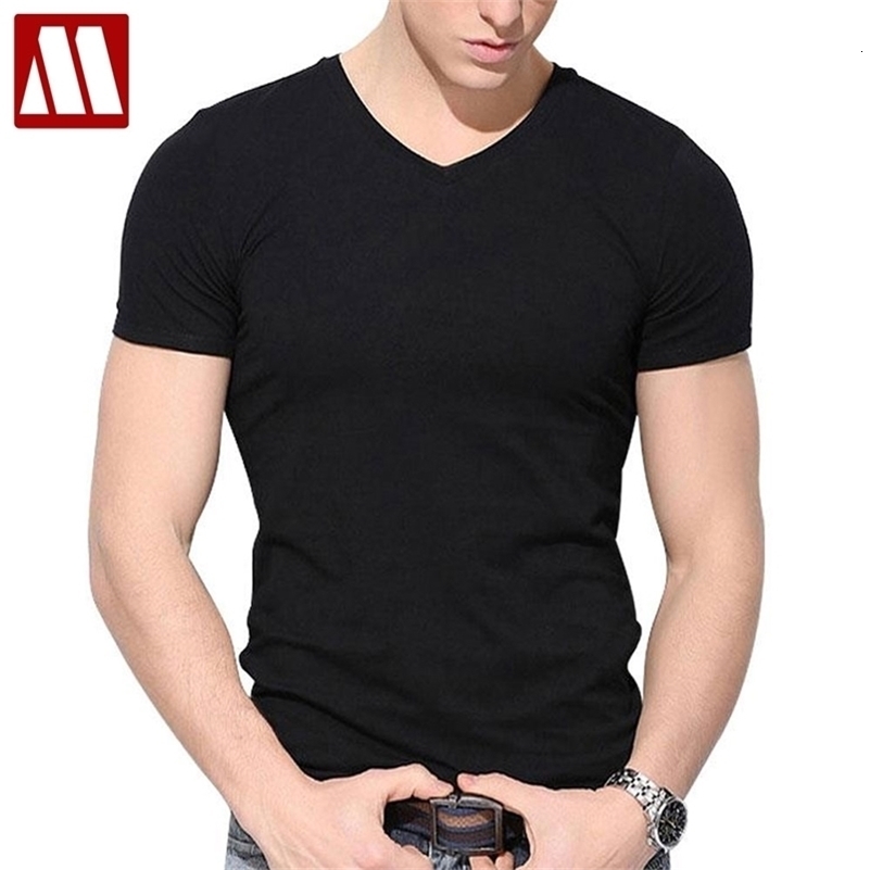 Summer T Shirt Slim Fit Cotton V Collar T Shirts Men's Fitness Tees New Style Mens Short Sleeve for Men Big Size to 4XL 5XL 210319
