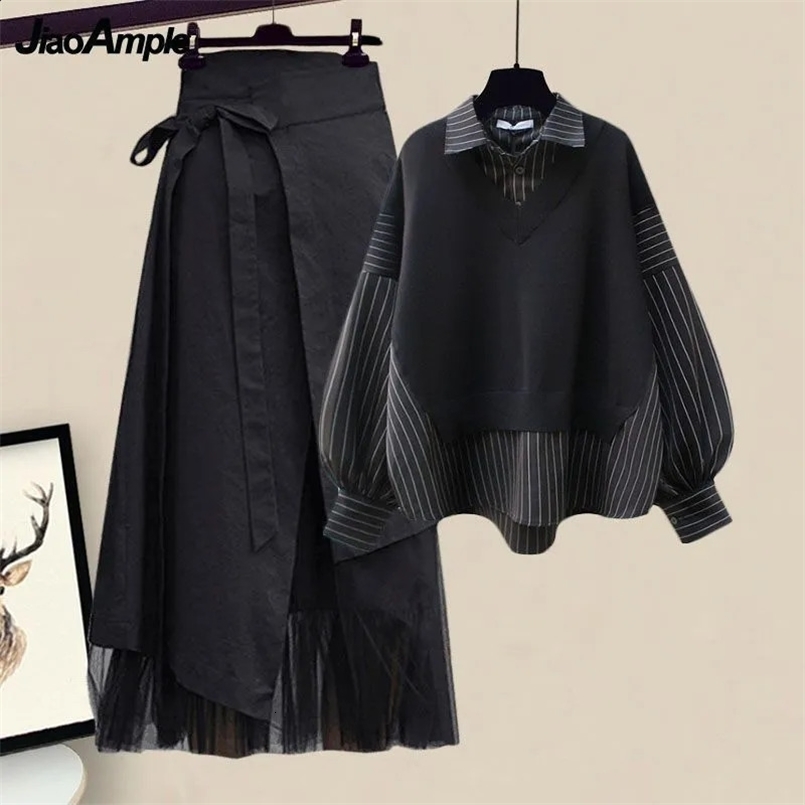 Korean Elegant Spring Autumn In Matching Set Womens Fashion Stripe false Two Piece Sweater Shirt Midi Skirt Suit 240829