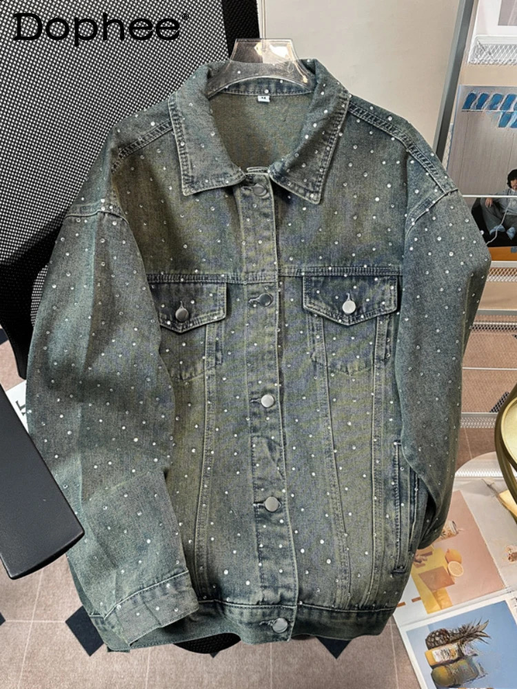 Male Chic Diamond Denim Jackets Mens 2024 Autumn Highend Retro Trendy Loose Lapel Denim Coats Versatile Denim Jacket 250917Z