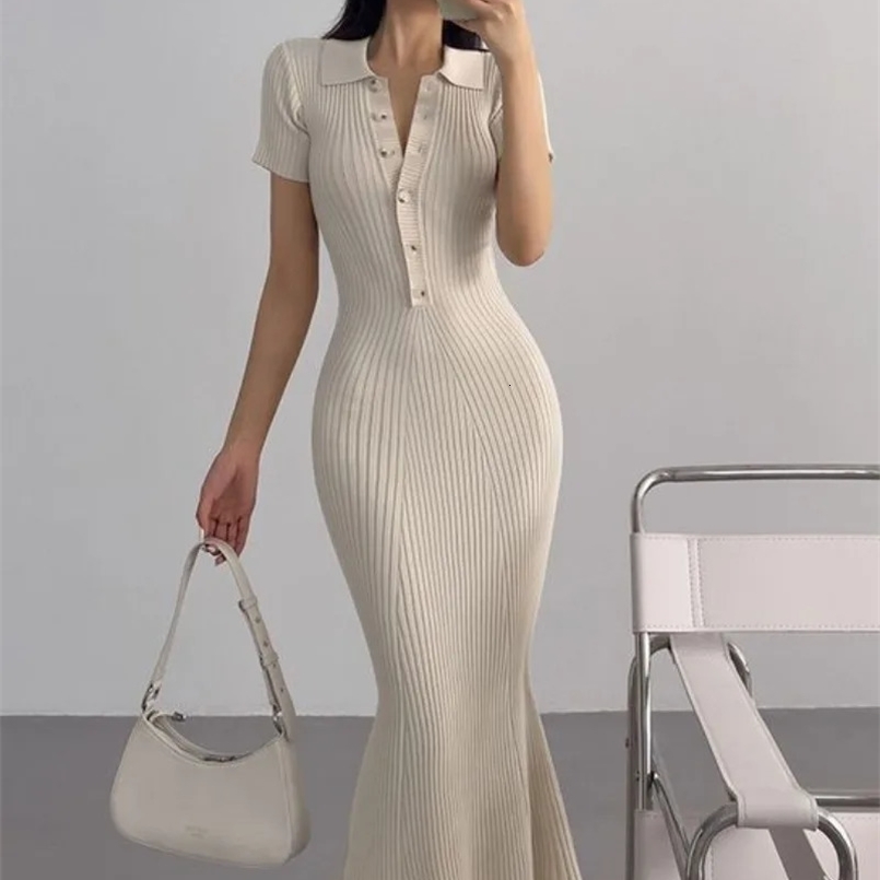 Mermaid Chic Fashion Summer Short Sleeve Knitted Dress Korean Women Elegant Vintage Turn Down Collar Slim Waist Vestidos Mujer 240802