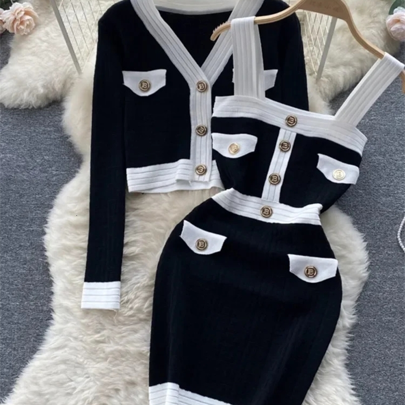 Autumn Womens Dresses Knitwear Suits Small Fragrance Knitted Cardigan Coat Suspender Knit Dress Streetwear Two Piece Sets 240829
