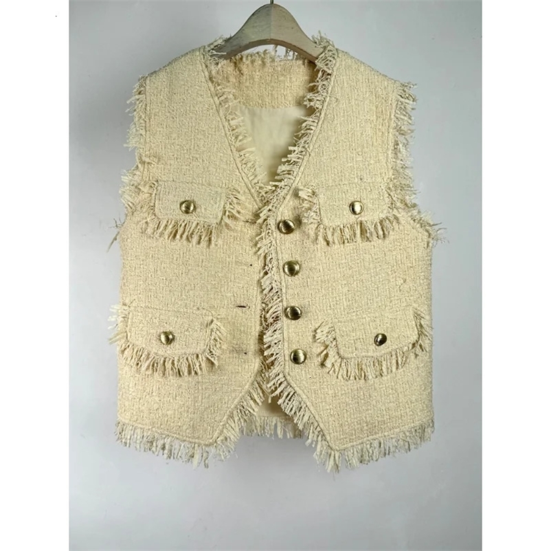 Women V-neck Small Fragrant Vest Spring Summer Casual Loose Basic Tassel Black Beige Korea Chic Lady Tweed Sleeveless Coat 240704