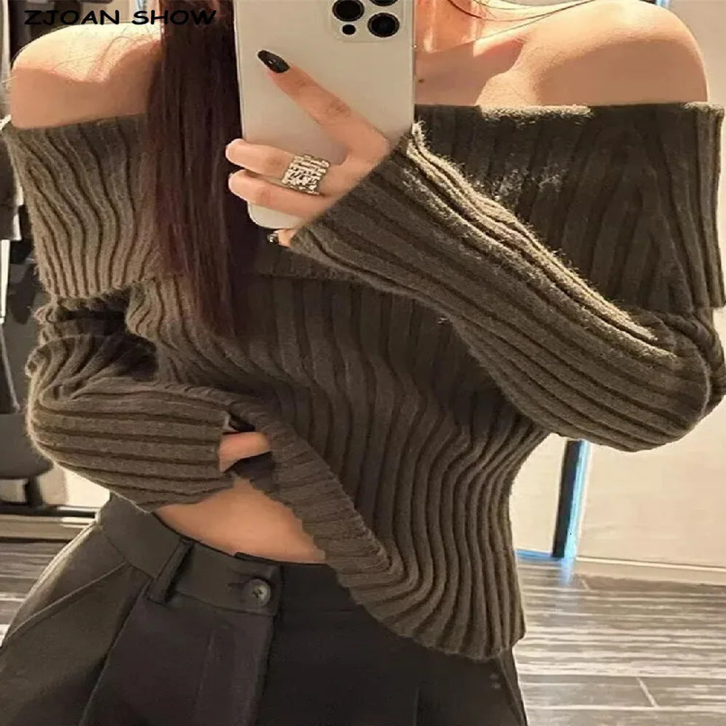 Autumn Winter Solid Color Rib Knitted Off the Shoulder Pullover Sweater Sexy Women Full Sleeve Slim Stretch Knitwear Jumper 240617