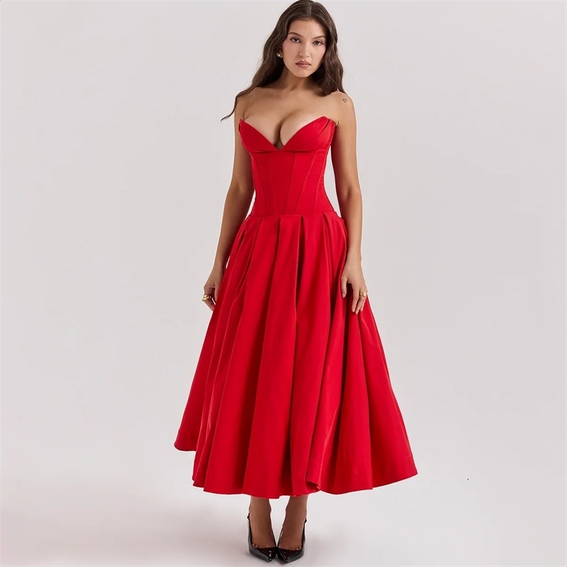 Suninheart Summer Formal Occasion Strapless Dress Sexy Elegant Fit and Flare Birthday Party Dresses Red Womens Clothing 240823