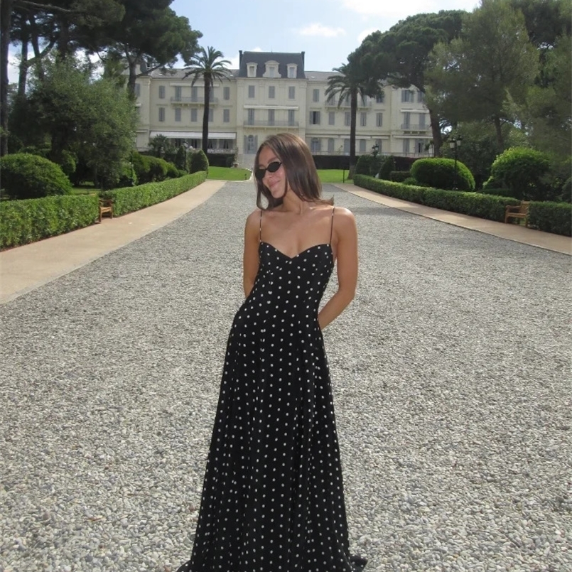 Polka Dot Printed Spaghetti Strap Long Robes Summer Classic High-waist A-line Party Dress Lasy Streetwear Maxi Dresses 240823