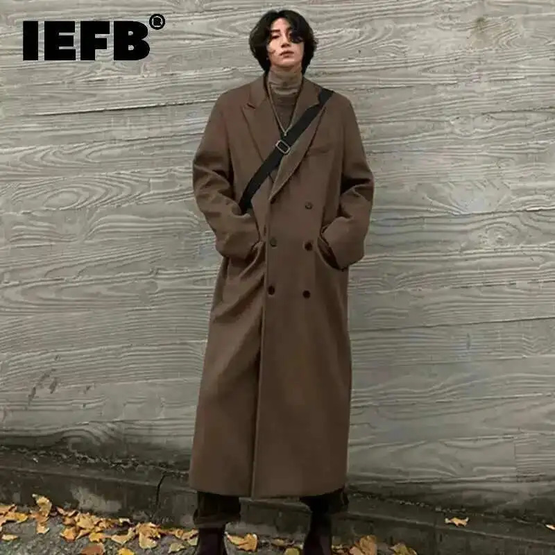 IEFB Mens Woolen Coat Long Autumn Winter Thickened Korean Fashion Loose Trend Casual Trench Solid Color Male Tops 9A6056 250805