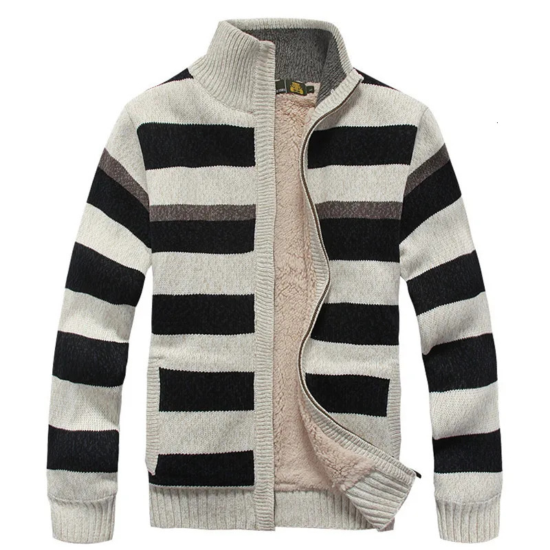 Winter Fleece Thicken Sweater Men Knitted Cashmere Stripe Mens Wool Cardigan Sweaterscoat White Knit Cardigan Size M -3XL 250804