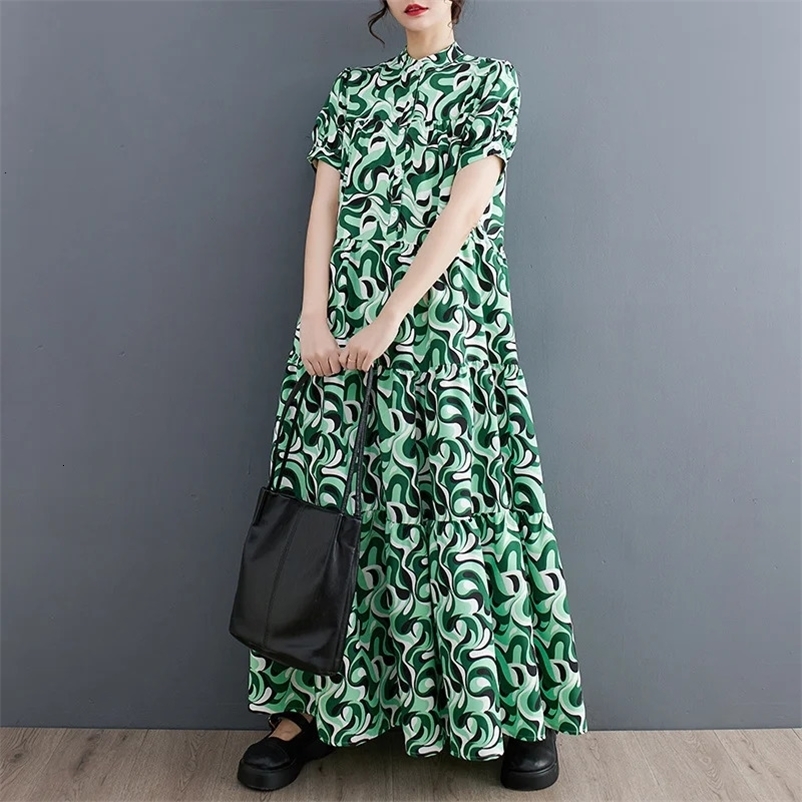 #3455 Summer Printed Print Chiffon Dress Women Loose Vintage Long Dress Lantern Sleeve Pleated Shirt Dresses Femme Stand Collar 240703