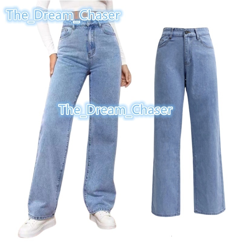 Donne vintage pantaloni di denim dritti leggeri tasche elastiche pantaloni a gamba larga in vita alta jeans lunghi