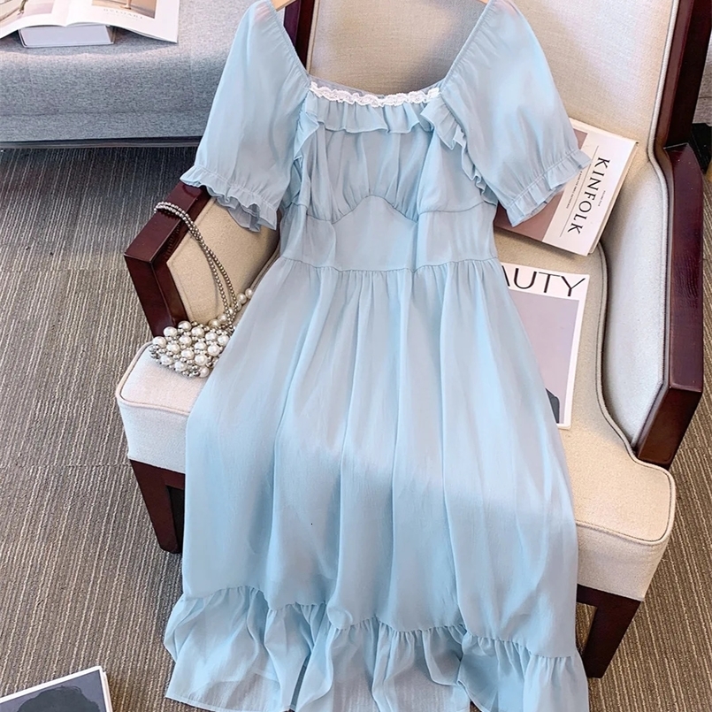 150Kg Plus Size Womens Bust 148 Summer Loose French Hong Kong Style Retro Short Sleeved Dress Blue 5XL 6XL 7XL 8XL 9XL 240813