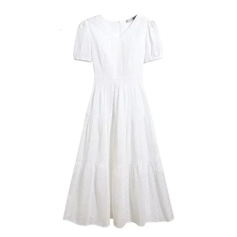 French Vintage Vneck Gentle Long Slim Lace White Embroidered Dress 240415