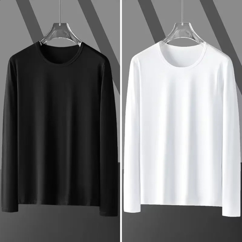 Long Sleeve Round Neck Solid Color Tshirts For Men Casual Loose Fit Spring Autumn Style Sweatshirt Inner Base Layer Top 241021