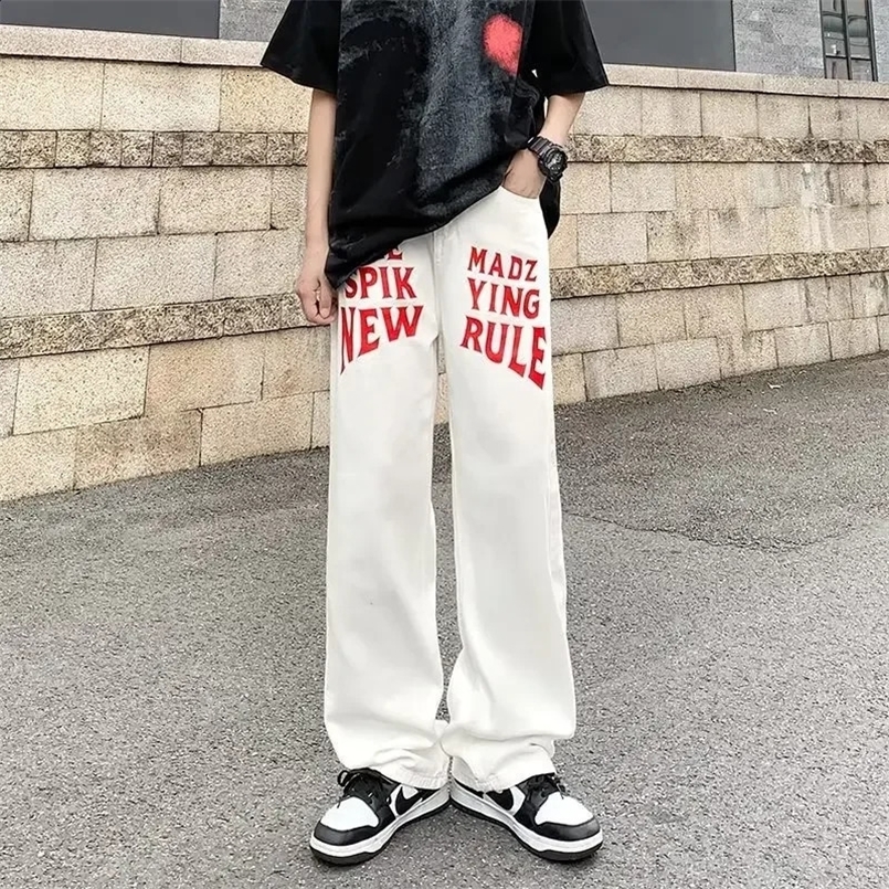 High-end White Jeans Straight-leg Casual Pants For Men Spring Autumn European American Style High Street Trousers 240824