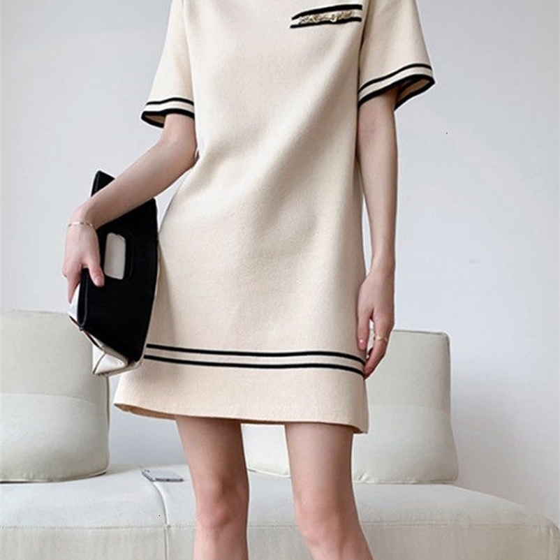 Casual Dresses Summer casual loose fitting solid color women's dress short sleeved round neck women's clothing retro straight party mini d
