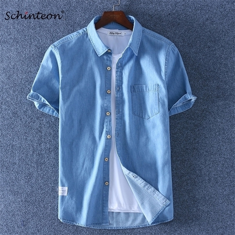 Schinteon Summer Men 100% Cotton Shirt Short Sleeve Thin Slim Casual Denim Slub Cotton Comfortable Shirt New Arrival