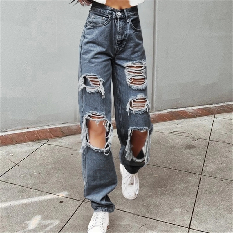 Ripped Hole Jeans Button Elastic Waist Denim Trousers Hollow Out Loose Pocket Jeans Plus Size Women Pants Y2K Baggy Street 250224