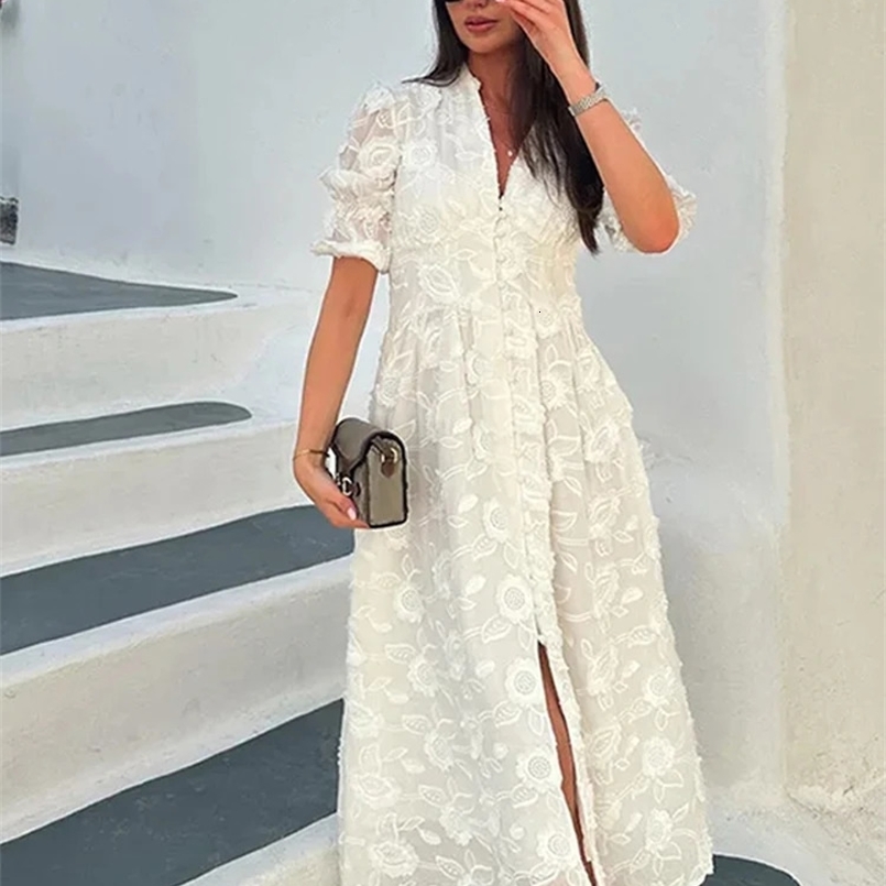 Elegant Lace Hollow Out Dress Women V-neck Embroidery Midi Female Party Dresses Summer Single Breasted Split Lady Robe 240823