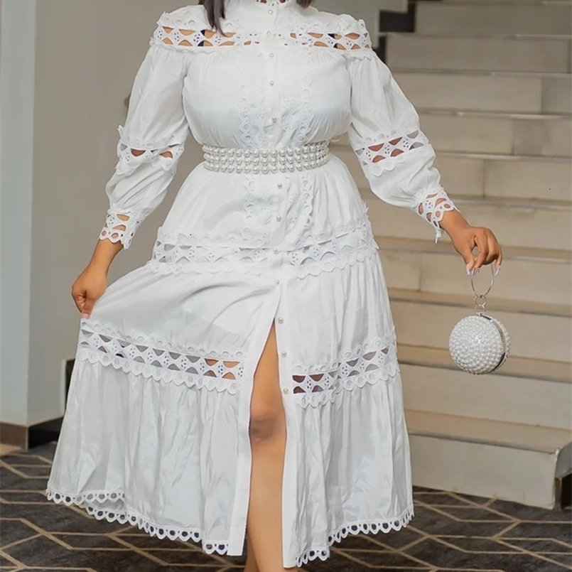 Style Women Dress Plus Size 5XL Hollow Out Lace Patchwork Solid Color Round Neck Long Dress Pearls Belt Buttons Gowns 240808
