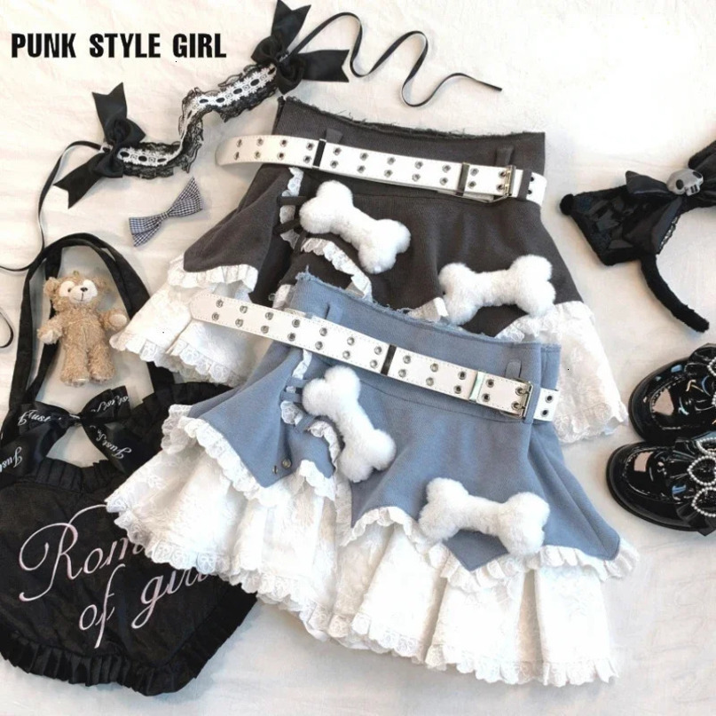 Women 90s Cute Plush Bone Lace Patchwork Mini Skirt Japanese Kawaii Lolita Cake Y2k High Waist Aline Shorts 240516
