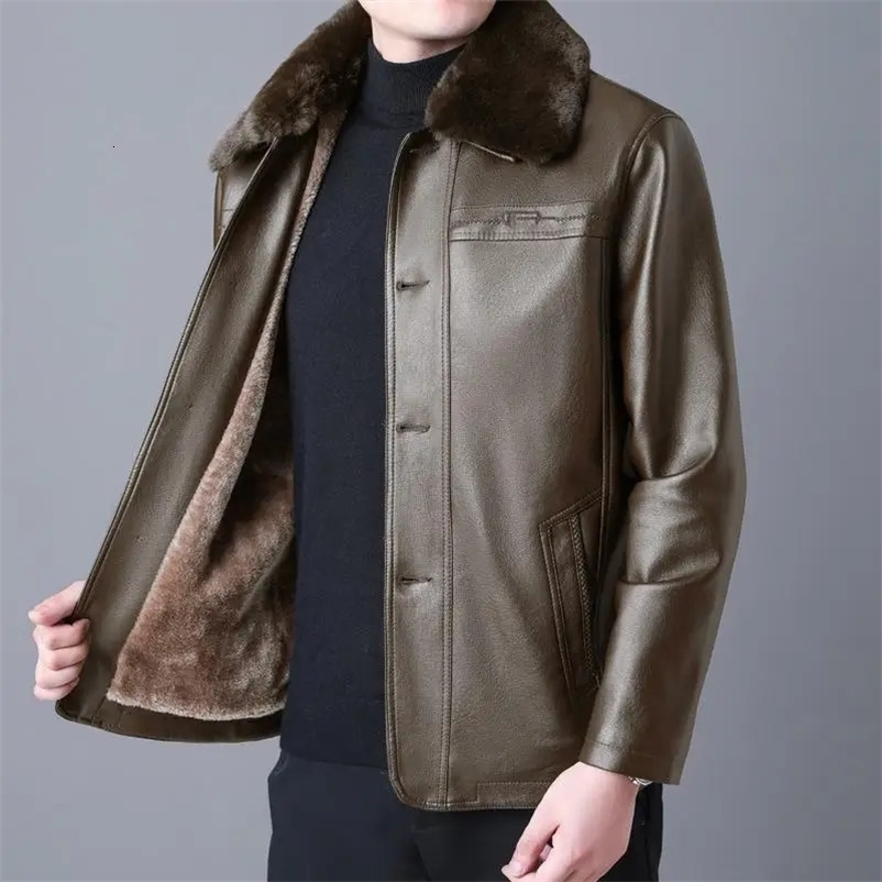 Winter fur collar leather jacket mens button PU leather mens large-sized loose plus velvet thick mens leather jacket 240927