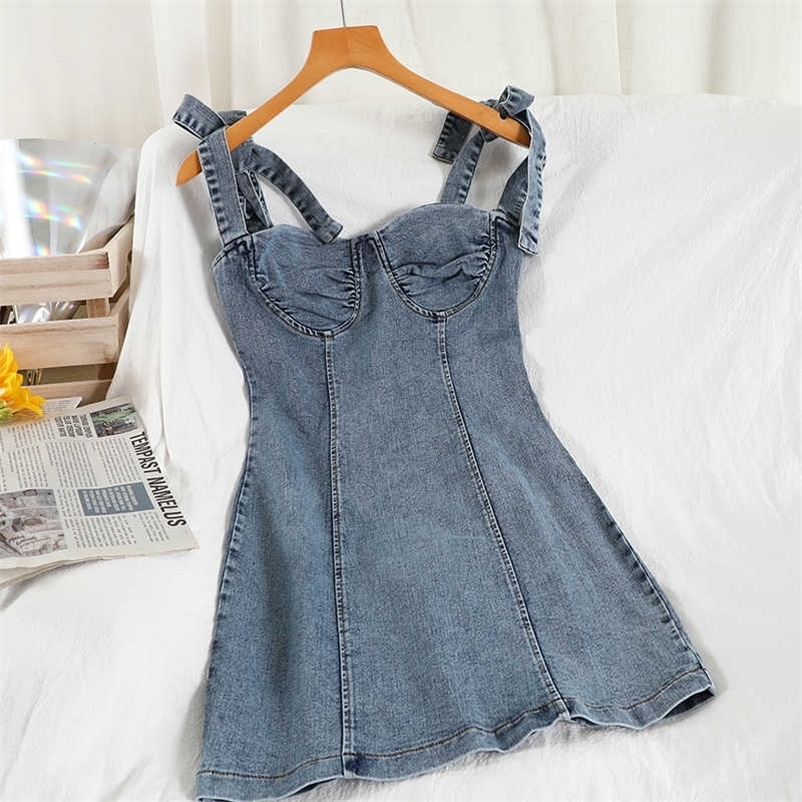 DEAT Women Denim Dress Fashion Spring Summer Ladies Solid Color Sleeveless Denim Dress HR376 210709